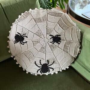Silvery Beaded Spider Web on Ivory Linen-Look 16” Round Halloween Throw Pillow